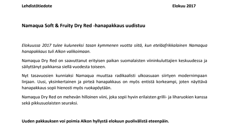 Namaqua Soft & Fruity Dry Red -hanapakkaus uudistuu