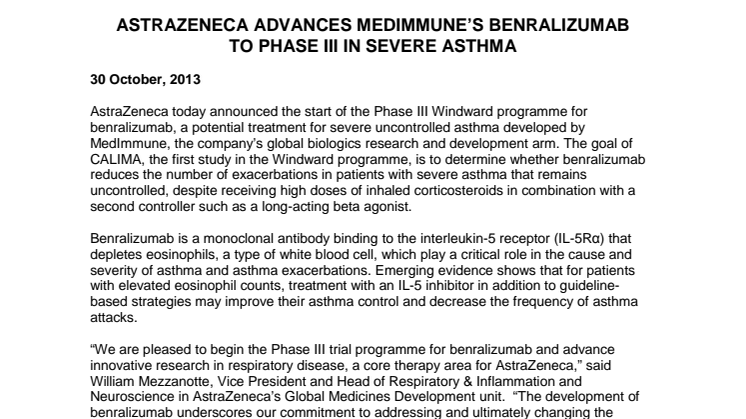 AstraZeneca startar kliniskt fas 3-program för MedImmunes benralizumab mot svår astma
