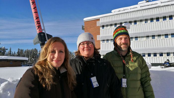 Annie Meier, Stina Jansson och Paul Hintze på studiebesök på Esrange i Kiruna. Foto: privat