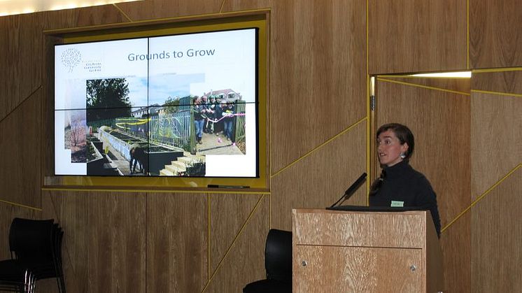 Roz Corbett, Development Worker for the Federation of City Farms and Community Gardens speaking at the Grounds to Grow event at Saracen House