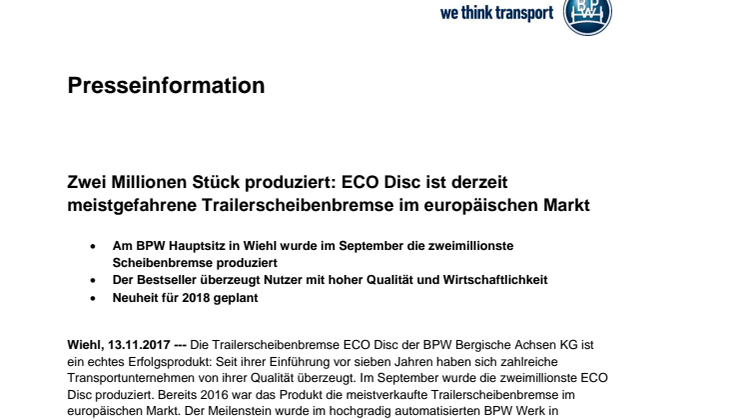 Zwei Millionen Stück produziert: ECO Disc ist derzeit meistgefahrene Trailerscheibenbremse im europäischen Markt