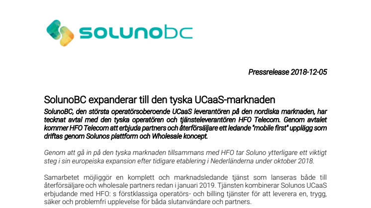 SolunoBC expanderar till den tyska UCaaS-marknaden