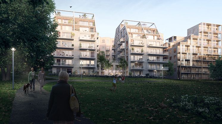 Västra Vårholmsbackarna – stadskvarter mot park. Visualisering Olof Eriksson (2019)