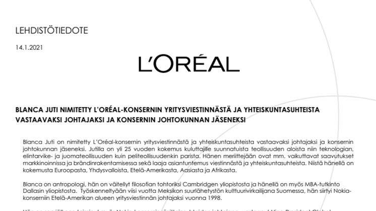 Blanca Juti nimitetty L'Oréal-konsernin viestintä- ja yhteiskuntavastuujohtajaksi.pdf
