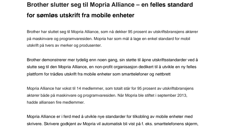 Brother slutter seg til Mopria Alliance – en felles standard for sømløs utskrift fra mobile enheter