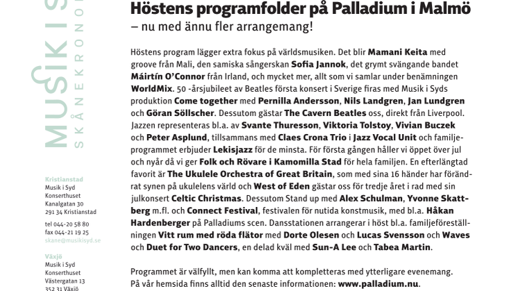 Höstens programfolder på Palladium i Malmö
