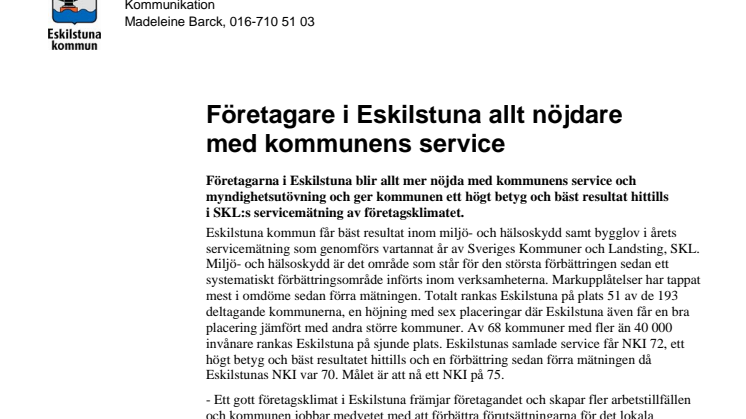 Företagare i Eskilstuna allt nöjdare med kommunens service