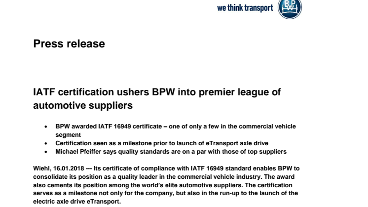 IATF certification ushers BPW into premier league of automotive suppliers