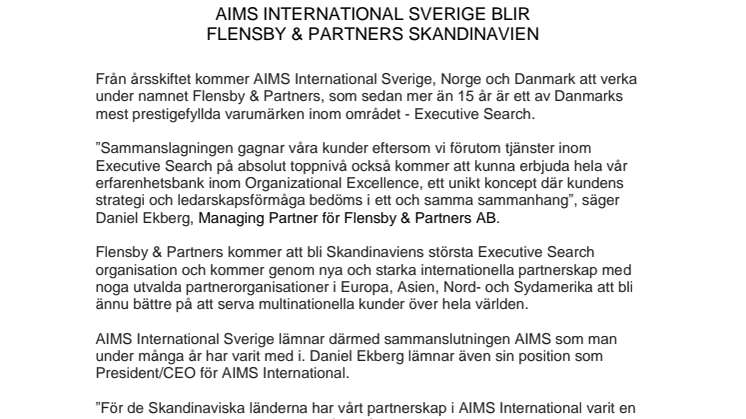 AIMS INTERNATIONAL SVERIGE BLIR FLENSBY OCH PARTNERS SKANDINAVIEN