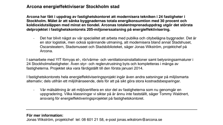 Arcona energieffektiviserar Stockholm stad