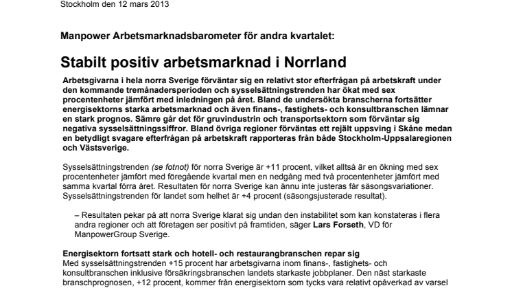 Stabilt positiv arbetsmarknad i Norrland
