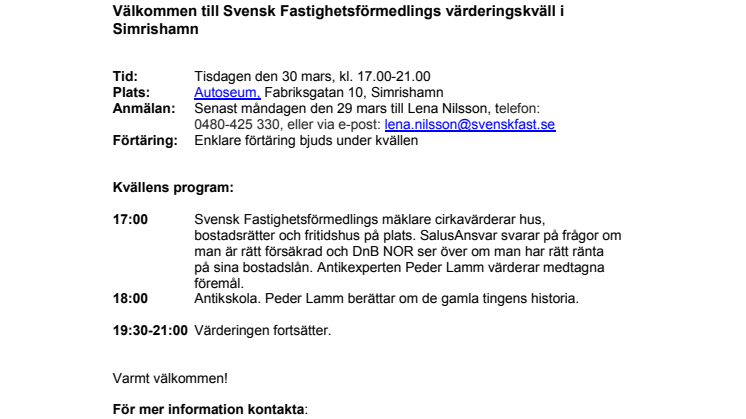 Pressinbjudan: Välkommen till Svensk Fastighetsförmedlings värderingskväll i Simrishamn