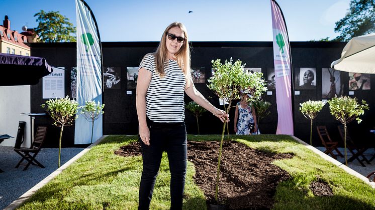 Karin Stenmar, miljöchef på Folksam, planterar träd i Almedalen