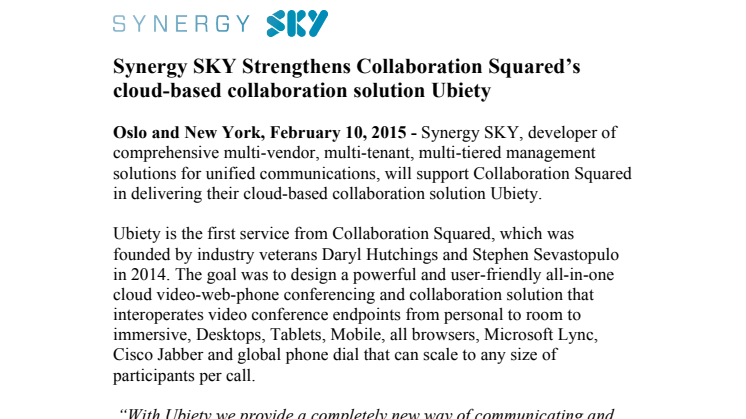 Synergy SKY Strengthens Collaboration Squared’s cloud-based collaboration solution Ubiety