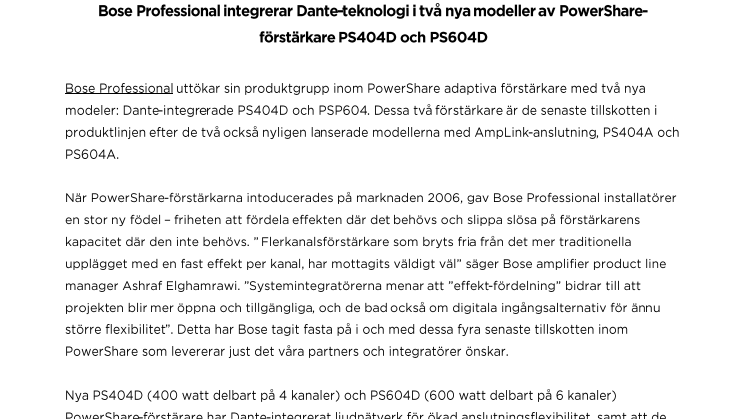 Bose Professional integrerar Dante-teknologi i två nya modeller av PowerShare-förstärkare PS404D och PS604D