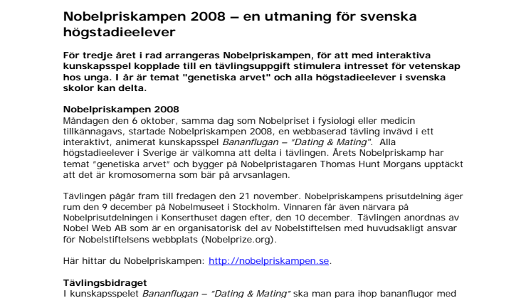 Nobelpriskampen 2008 – en utmaning för svenska högstadieelever