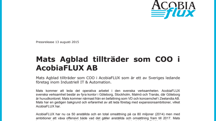 Mats Agblad tillträder som COO i AcobiaFLUX AB