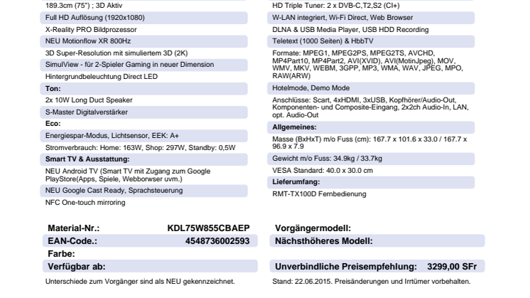 KDL-75W855C von Sony