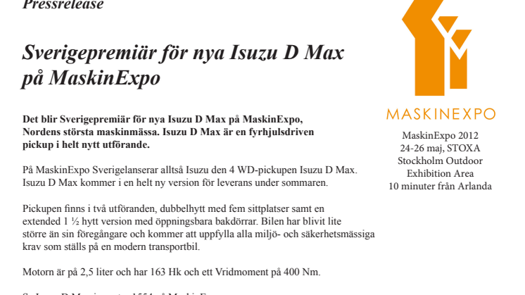 Sverigepremiär för nya Isuzu D Max på MaskinExpo