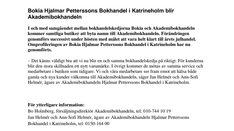 Bokia Hjalmar Petterssons Bokhandel i Katrineholm blir Akademibokhandeln 