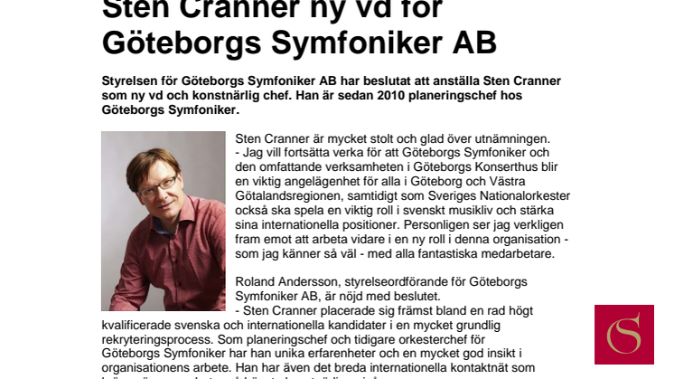 Sten Cranner ny vd för Göteborgs Symfoniker AB