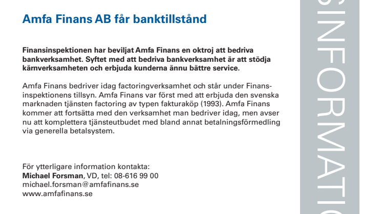 Amfa Finans AB får banktillstånd