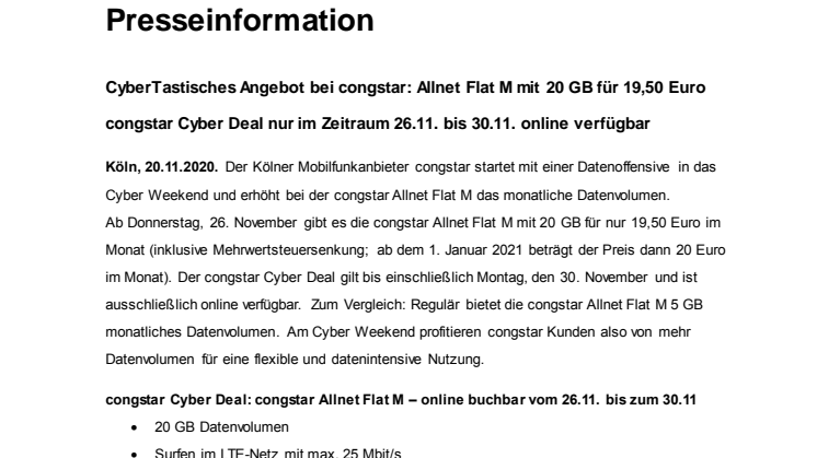 CyberTastisches Angebot bei congstar: Allnet Flat M mit 20 GB für 19,50 Euro 