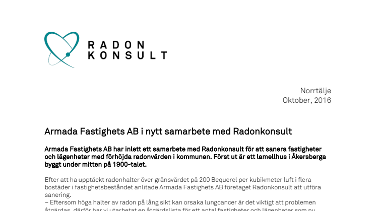 Armada Fastighets AB i nytt samarbete med Radonkonsult
