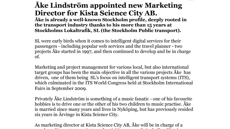 Åke Lindström appointed new Marketing Director for Kista Science City AB