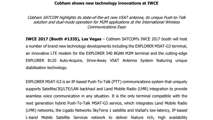 Cobham SATCOM: Cobham shows new technology innovations at IWCE