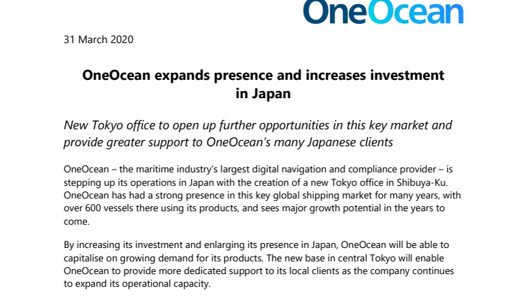 OneOcean expands presence and increases investment in Japan 