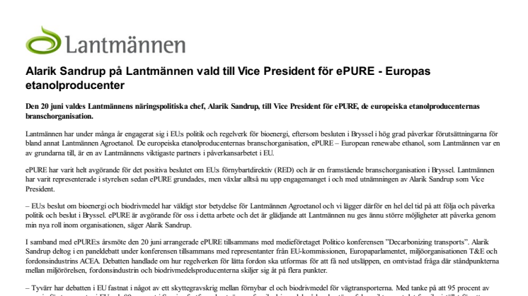Alarik Sandrup på Lantmännen vald till Vice President för ePURE - Europas etanolproducenter