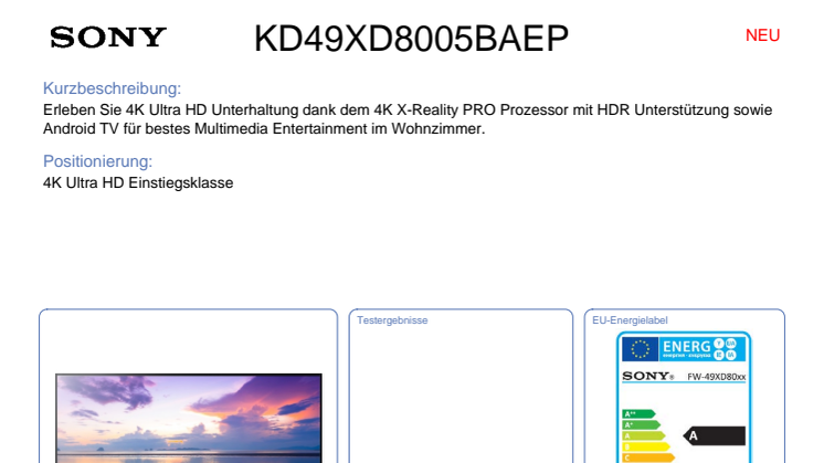 Datenblatt BRAVIA KD-49XD8005BAEP von Sony