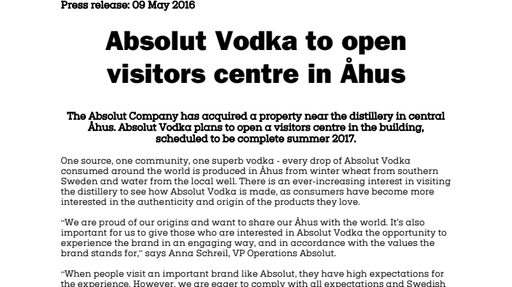 Absolut Vodka to open visitors centre in Åhus 