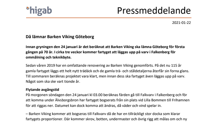 Då lämnar Barken Viking Göteborg