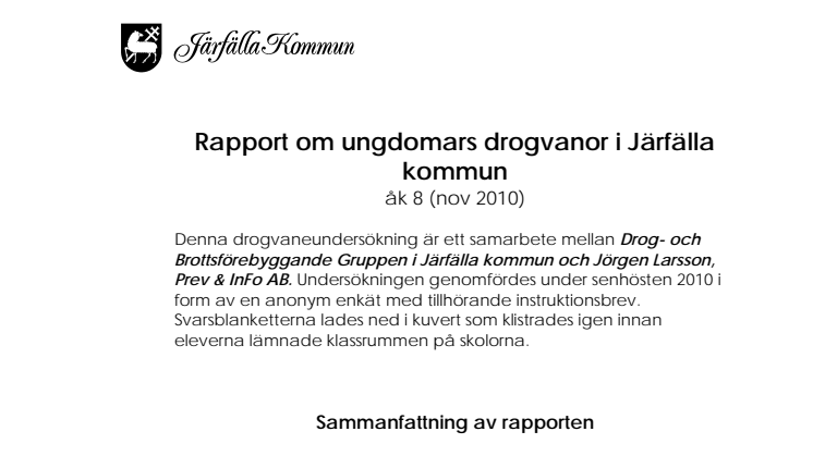 Sammanfattning ungdomars drogvanor i Järfälla kommun år 8 2010