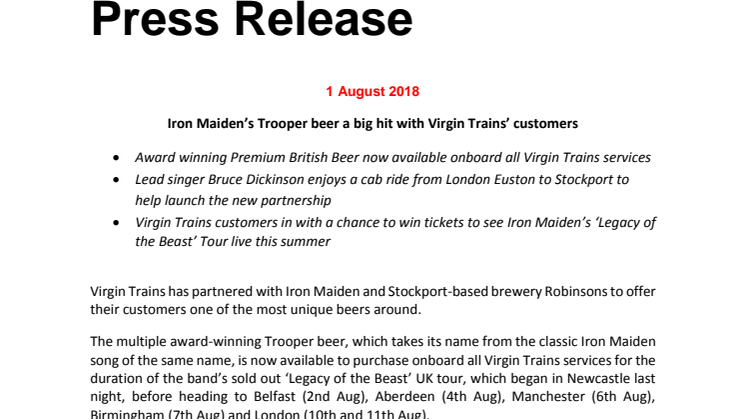 Iron Maiden’s Trooper beer a big hit with Virgin Trains’ customers