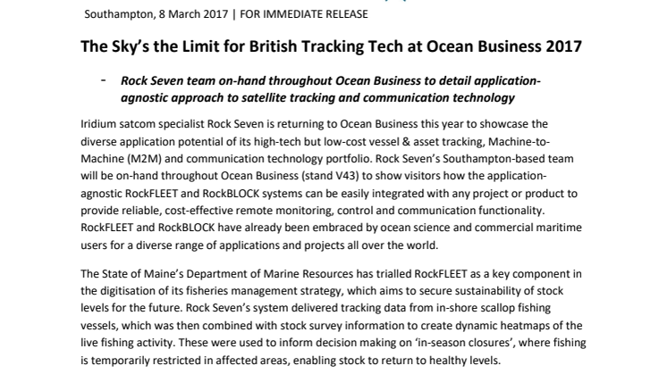 Rock Seven: The Sky’s the Limit for British Tracking Tech at Ocean Business 2017