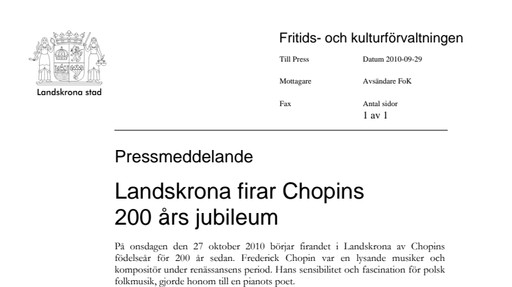 Landskrona firar Chopins 200 års jubileum