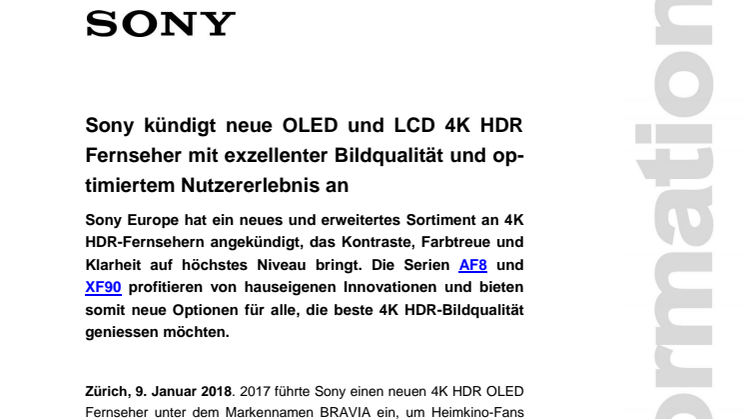 Sony kündigt neue OLED und LCD 4K HDR Fernseher mit exzellenter Bildqualität und optimiertem Nutzererlebnis an 