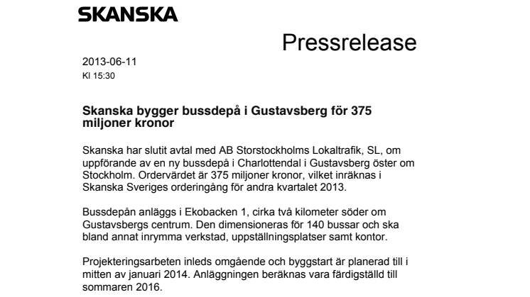 Skanska bygger bussdepå i Gustavsberg för 375 miljoner kronor