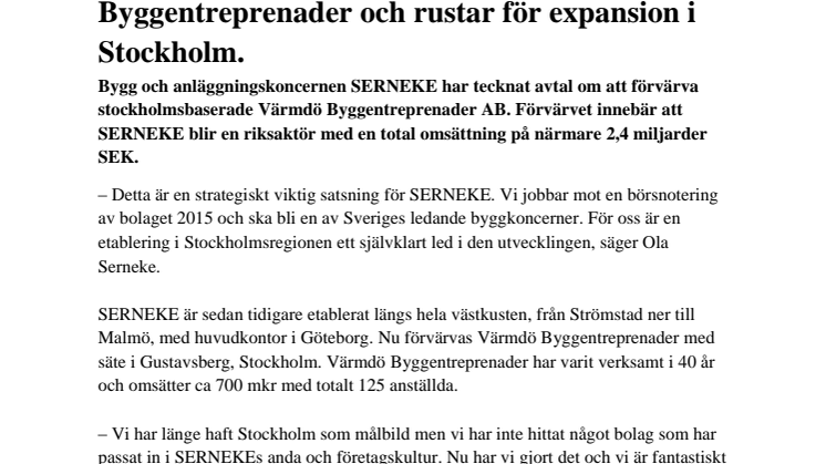 SERNEKE förvärvar Värmdö Byggentreprenader och rustar för expansion i Stockholm