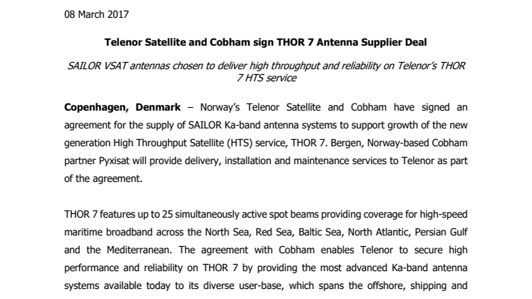 Cobham SATCOM: Telenor Satellite and Cobham sign THOR 7 Antenna Supplier Deal 