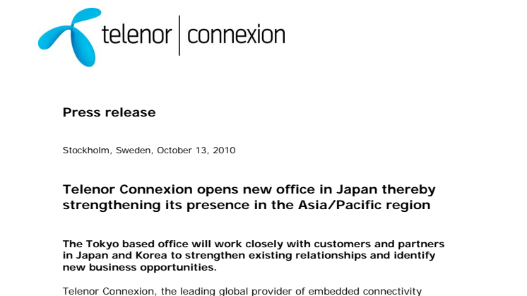 Telenor Connexion opens new office in Japan thereby strengthening its presence in the Asia/Pacific region