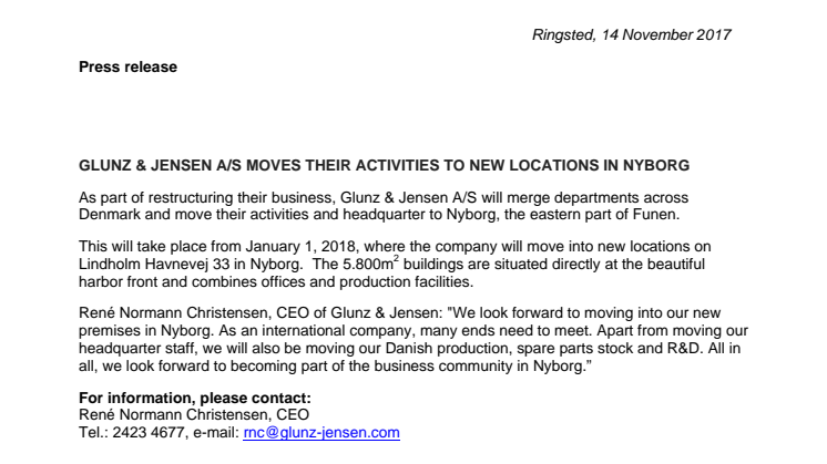 Glunz & Jensen A/S moves their activities to new locations in Nyborg