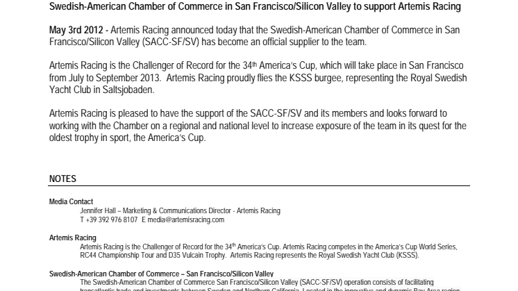Swedish-American Chamber of Commerce in San Francisco/Silicon Valley to support Artemis Racing