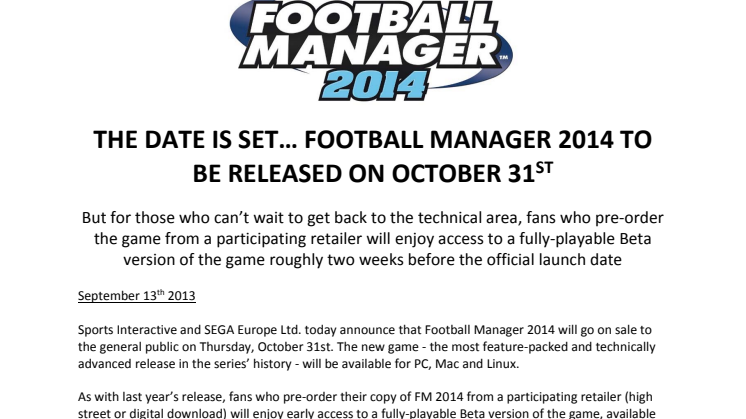 THE DATE IS SET… FOOTBALL MANAGER 2014 TO BE RELEASED ON OCTOBER 31ST