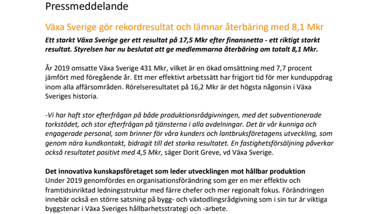 Växa Sverige gör rekordresultat och lämnar återbäring med 8,1 Mkr