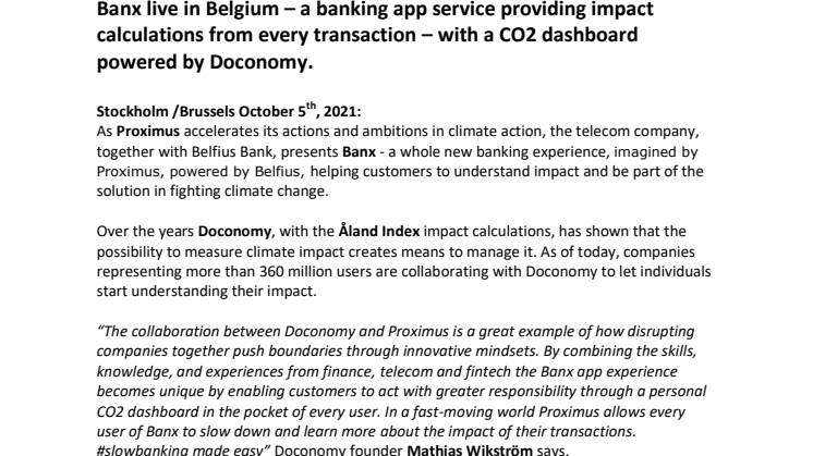 Doconomy Press Release Banx live Proximus launches Banx