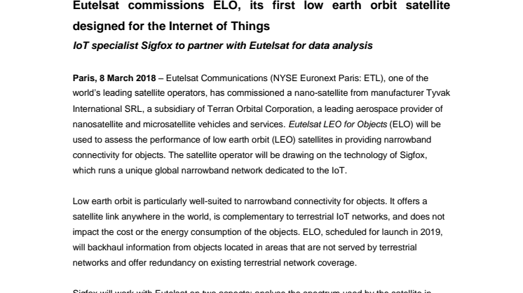 Eutelsat commissions ELO, its first low earth orbit satellite designed for the Internet of Things
